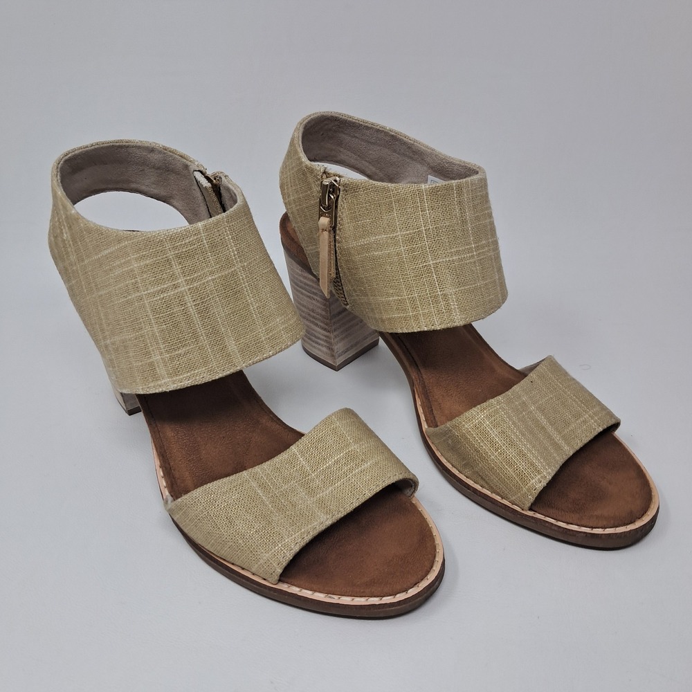 TOMS Majorca Block Heel Sandals Size 8.5 M Tan Beige Crosshatch Linen Ankle Zip
